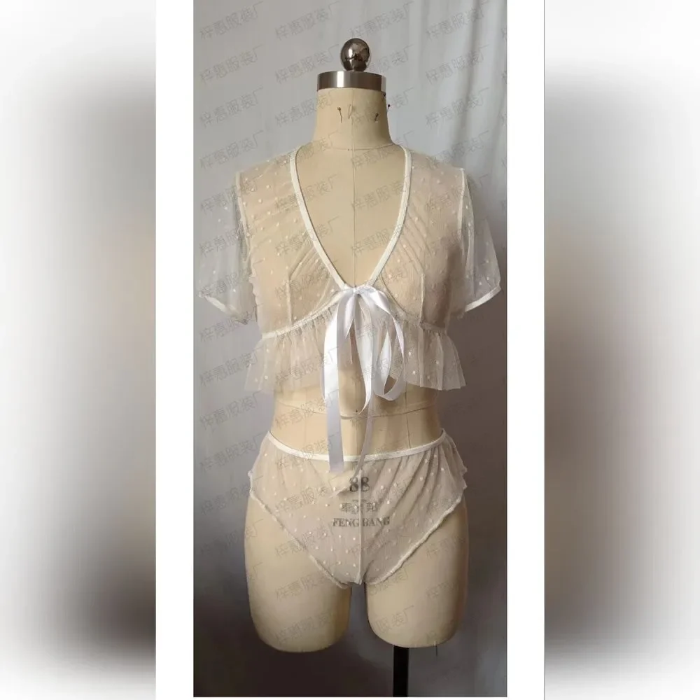 Women White Sexy 2Piece Dots Mesh Lingerie Set See Through Bra and Panty US